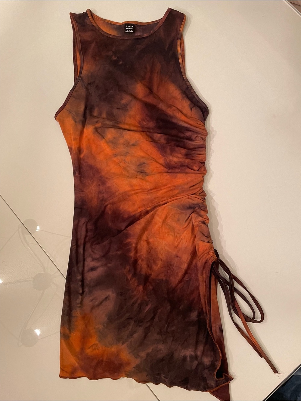 SHEIN Orange and Brown Tie-Dye Ruched Side Mini Dress
